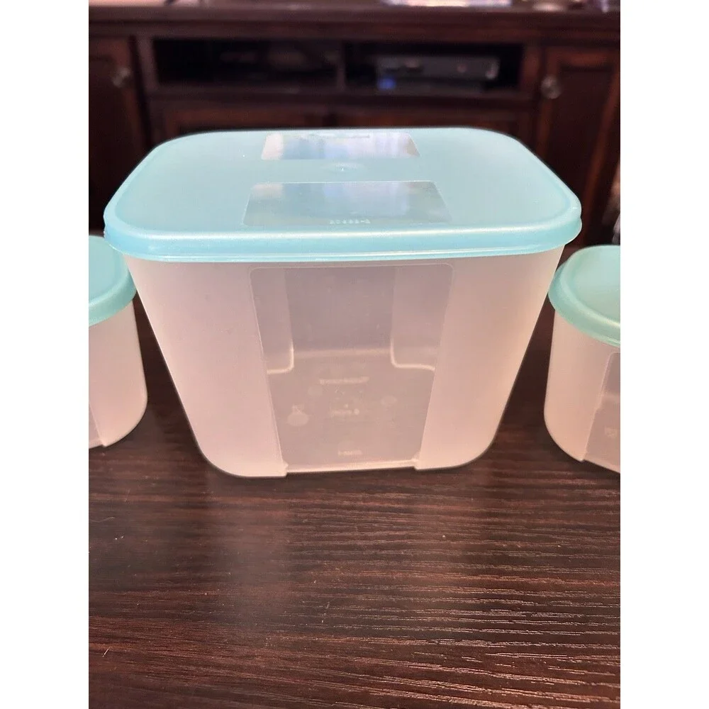 Set Of 3 Tupperware Freezer Mates 5 Cup & Two Mini 300mL Containers Aqua W/ Lids